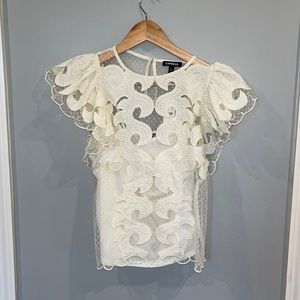 Sheer Lace Short Ruffle Sleeve Top